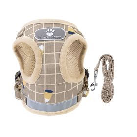 Pet Mesh Harness Dog Leash Set Reflective Chest Strap Adjustable Puppy Vest For Puppies Breeds Dogs Cats Walking Outdoor (Option: LeashKhakiCheckeredXL)